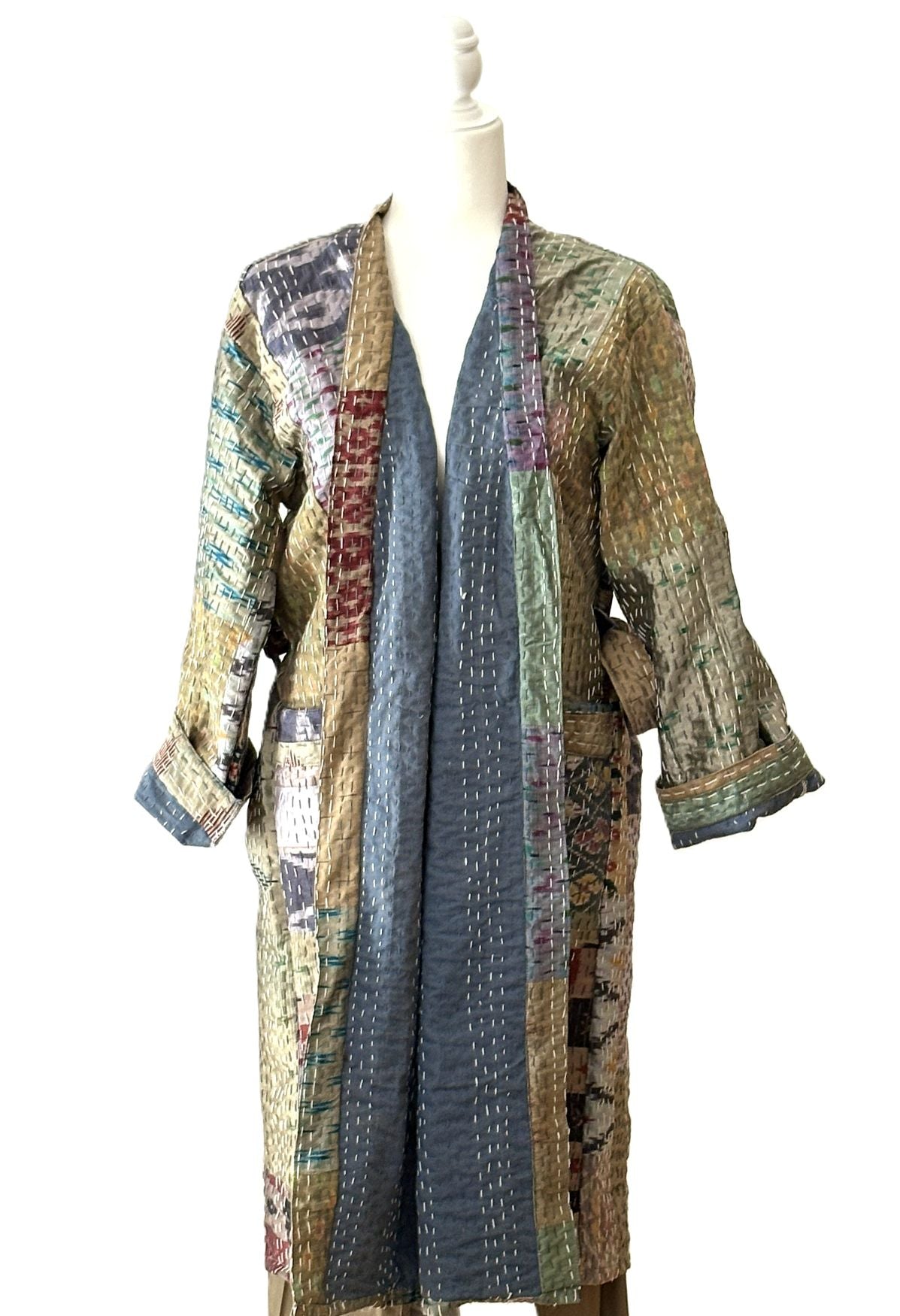 Long Handcrafted Silk Kantha Patchwork Fully Reversible Kimono Duster