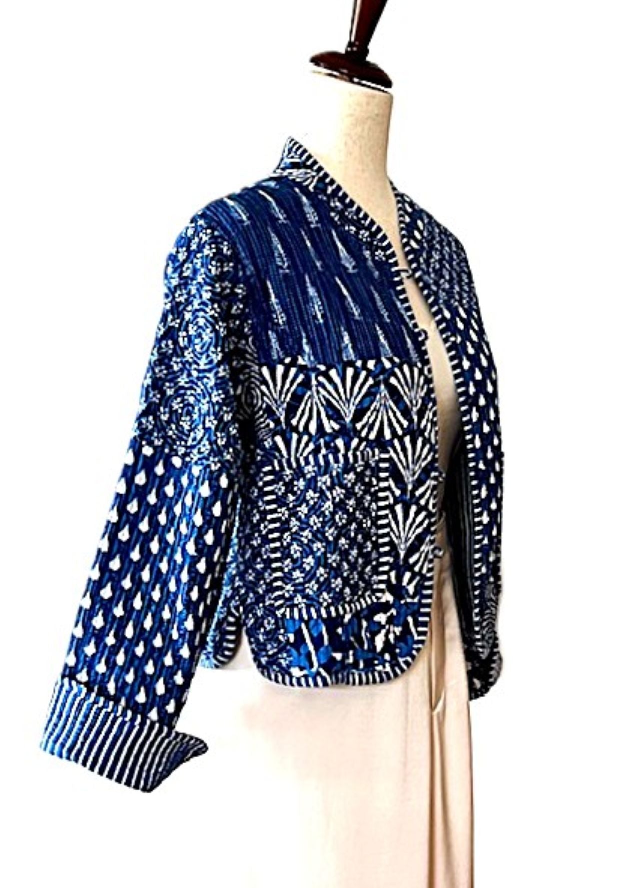 Luxe Reversible Cotton Quilted  Womens Jacket With Stripe Piping (Blue)