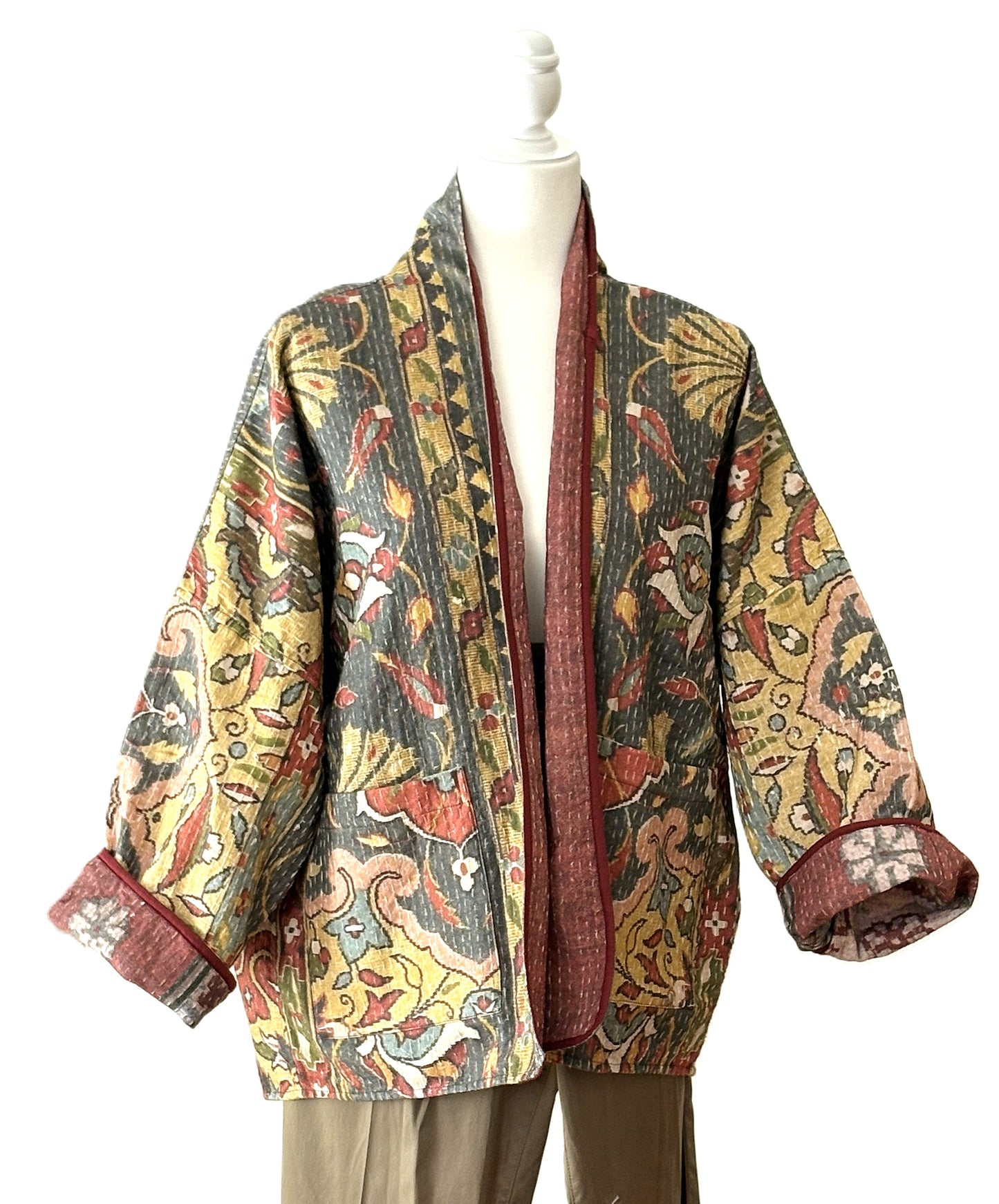 Wearable Art Vintage Reversible Kantha Quilted Jacket: Short Suzani Embroidered Coat