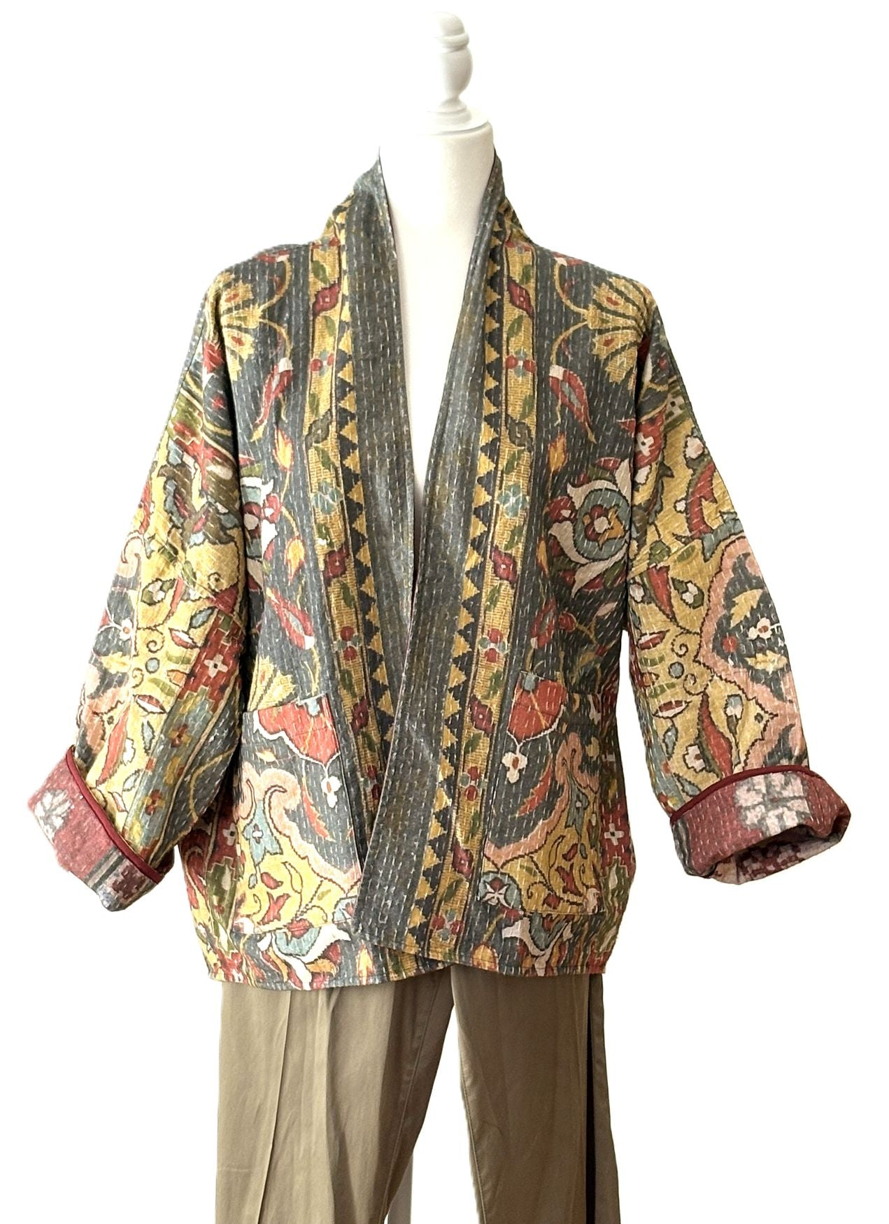 Wearable Art Vintage Reversible Kantha Quilted Jacket: Short Suzani Embroidered Coat