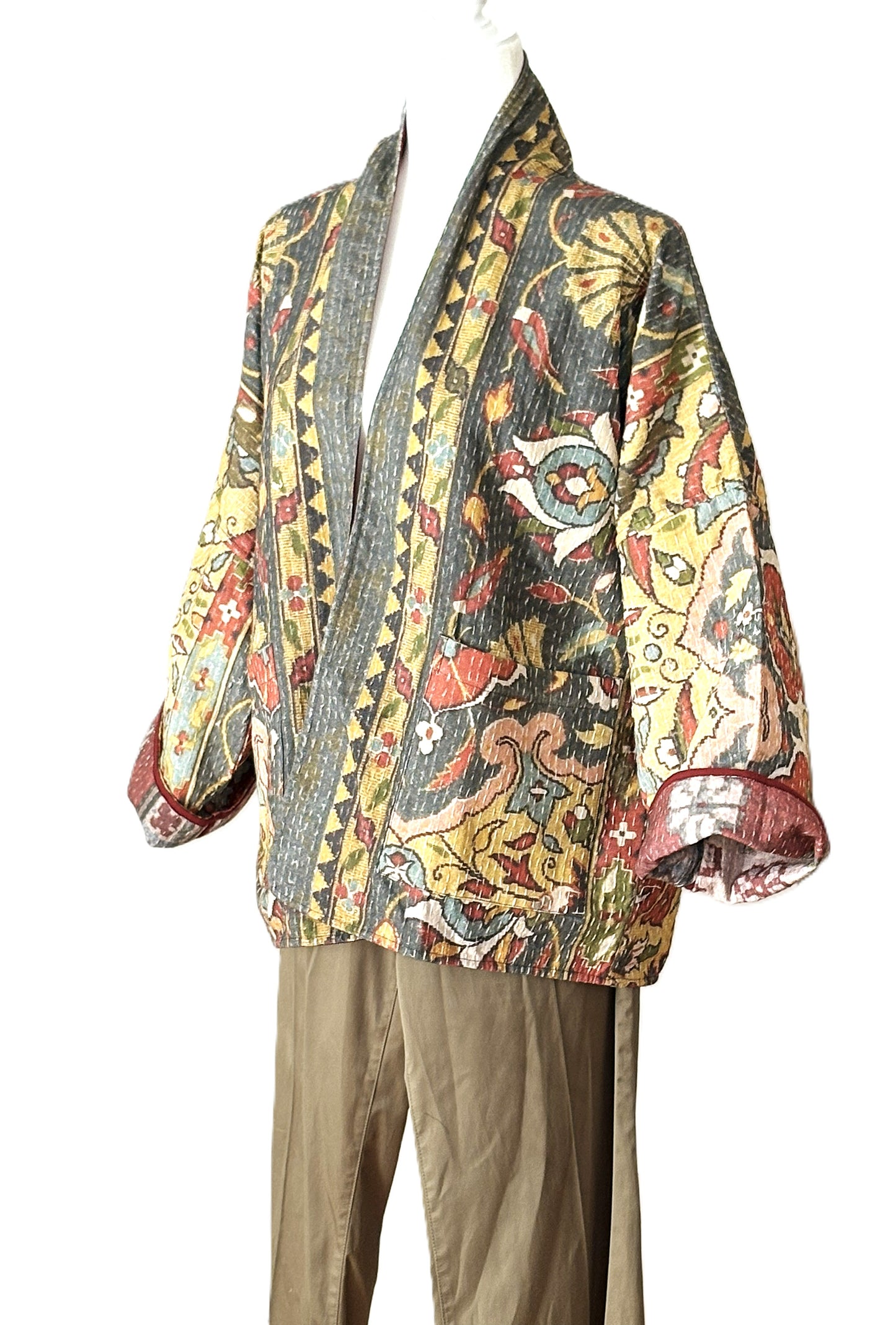 Wearable Art Vintage Reversible Kantha Quilted Jacket: Short Suzani Embroidered Coat