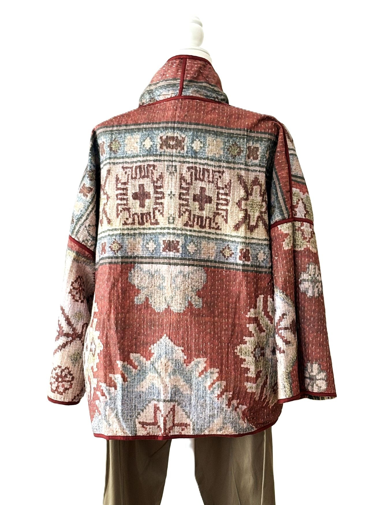 Wearable Art Vintage Reversible Kantha Quilted Jacket: Short Suzani Embroidered Coat