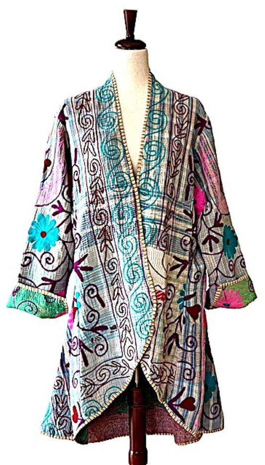 Jacket - New Embroidered Tulip Cut Designer Waist Coat With Kantha Stitching