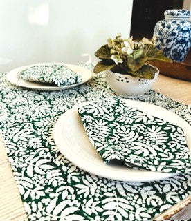 Luxe Dinner Napkins, Block Printed In Gathered Garden Print In Pine Green