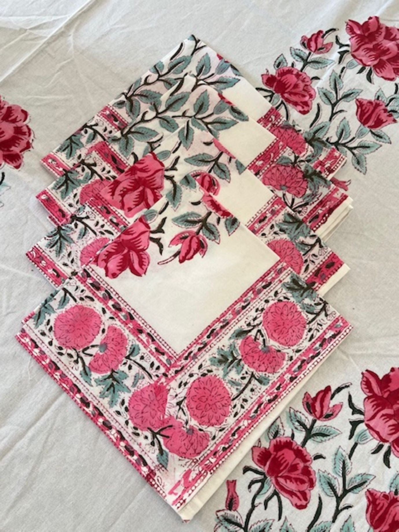 Floral Cotton Tablecloth and Napkins, Bright Pink Petals