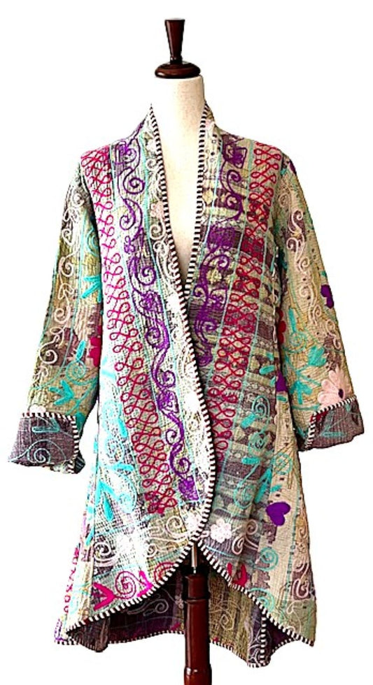 Jacket - New Embroidered Tulip Cut Designer Waist Coat With Kantha Stitching