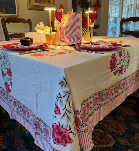 Floral Cotton Tablecloth and Napkins, Bright Pink Petals