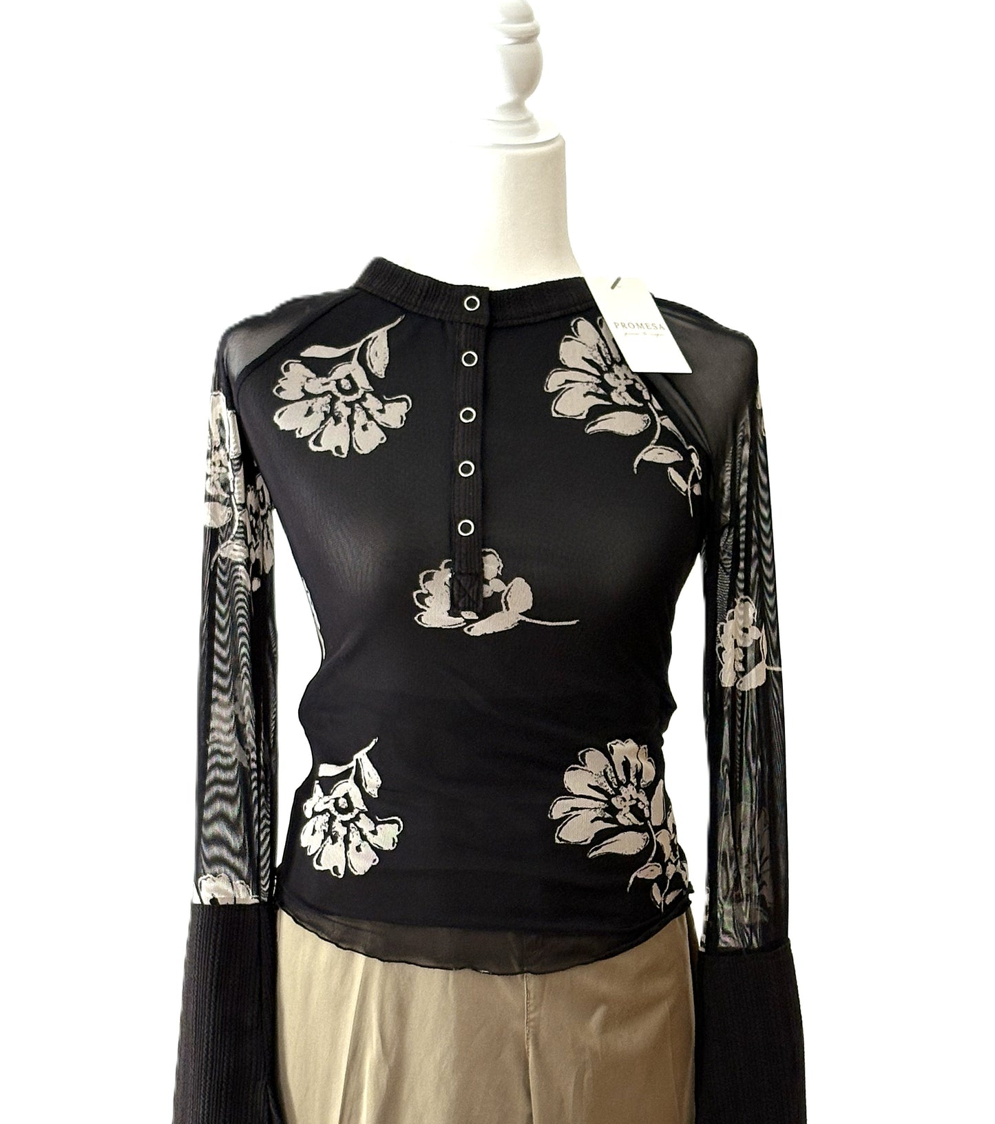 Tops: Floral-Print Mesh Raglan-Sleeve Henley Top (Black)