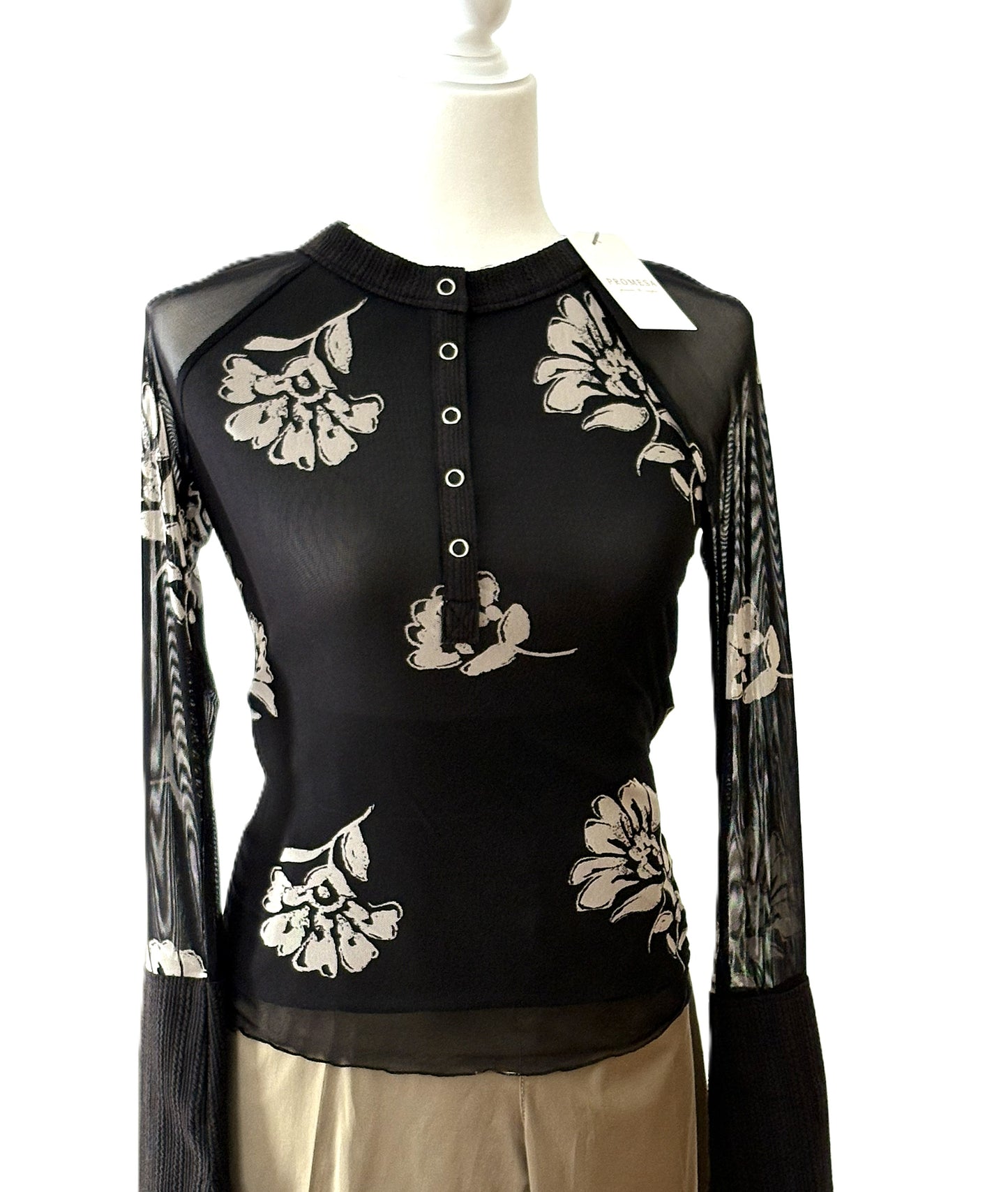 Tops: Floral-Print Mesh Raglan-Sleeve Henley Top (Black)
