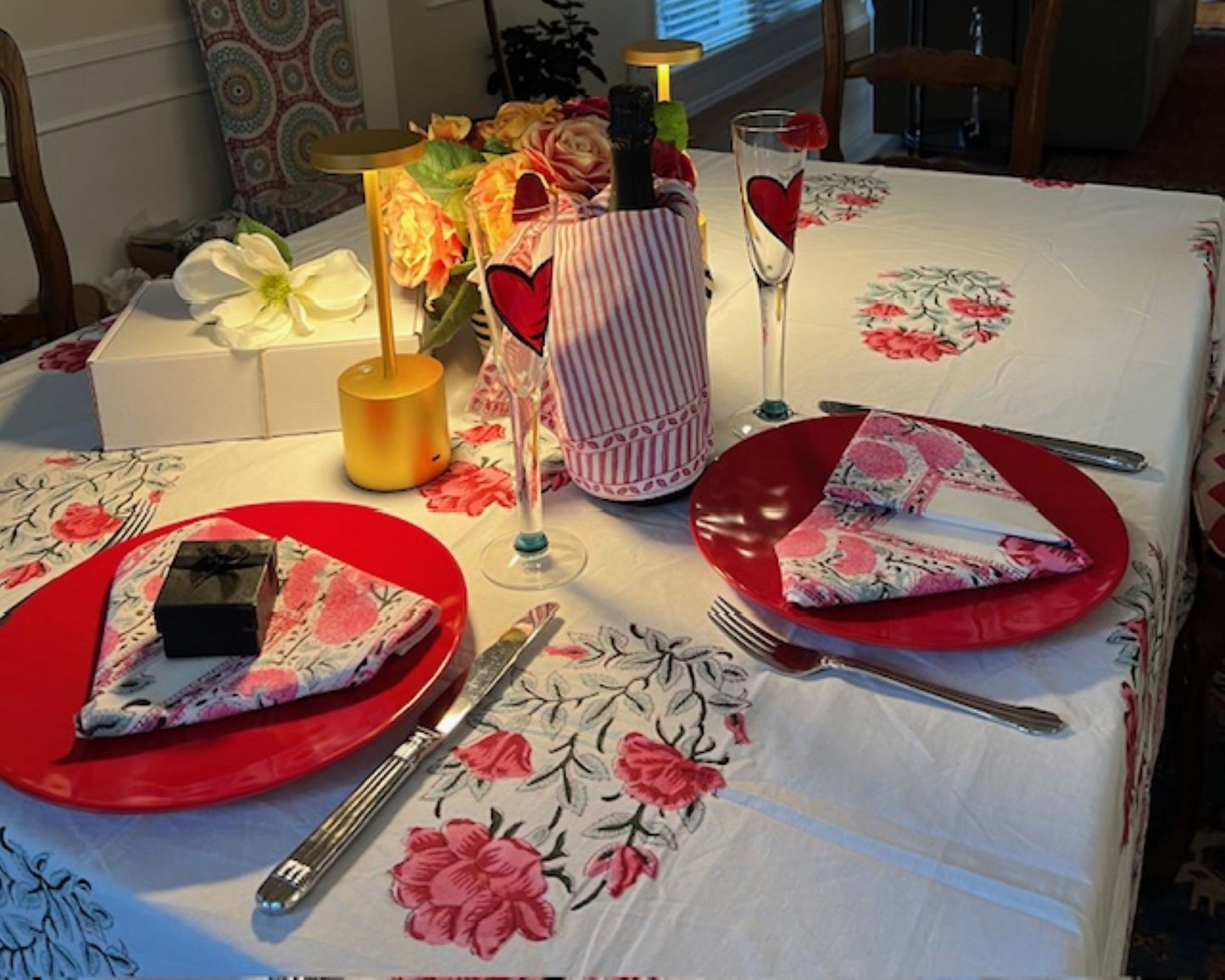 Floral Cotton Tablecloth and Napkins, Bright Pink Petals