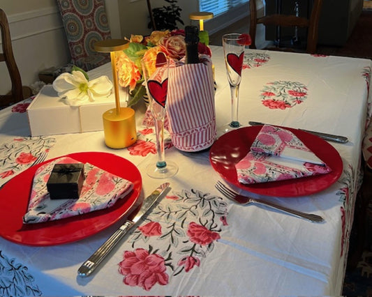 Floral Cotton Tablecloth and Napkins, Bright Pink Petals