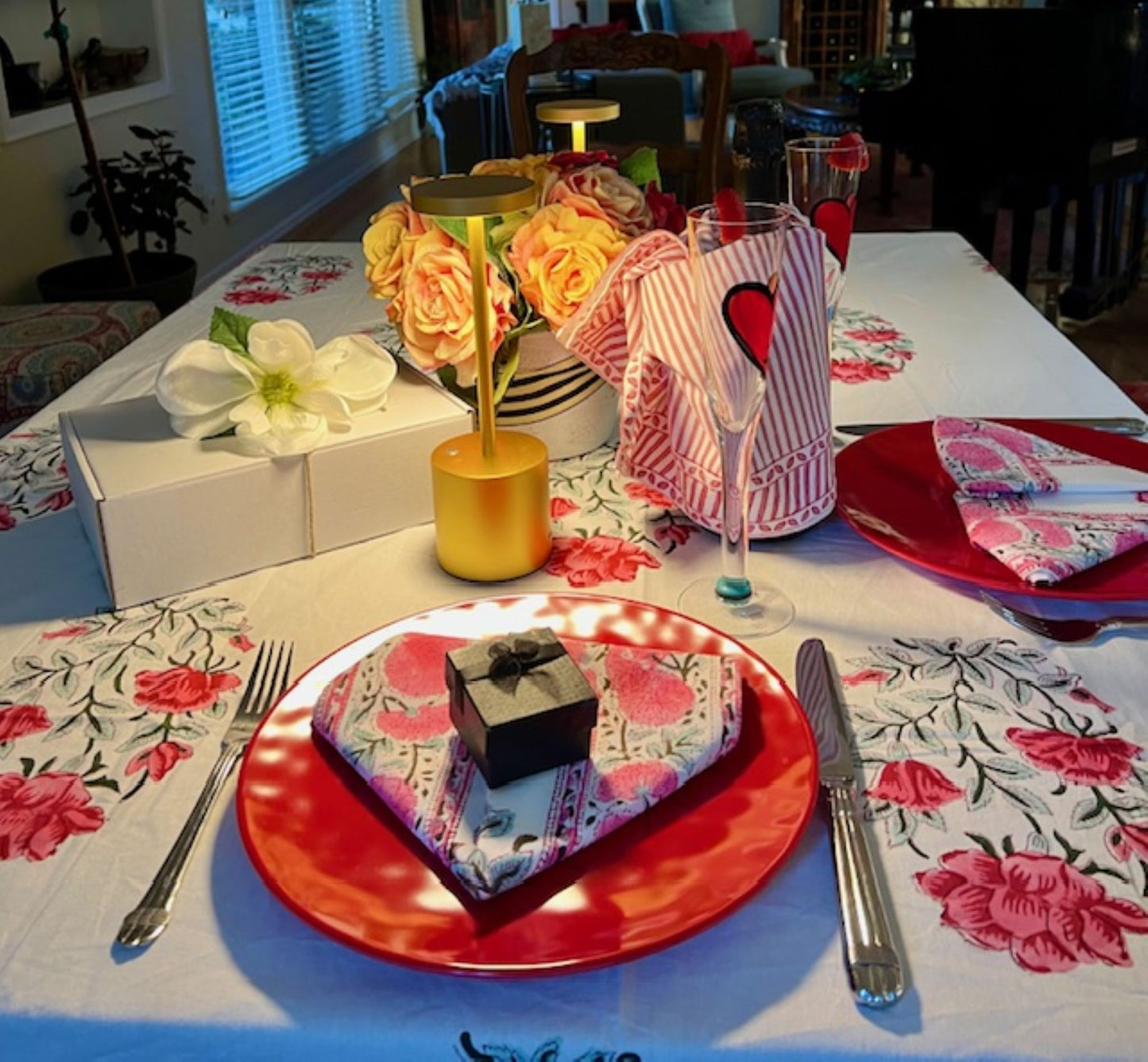 Floral Cotton Tablecloth and Napkins, Bright Pink Petals