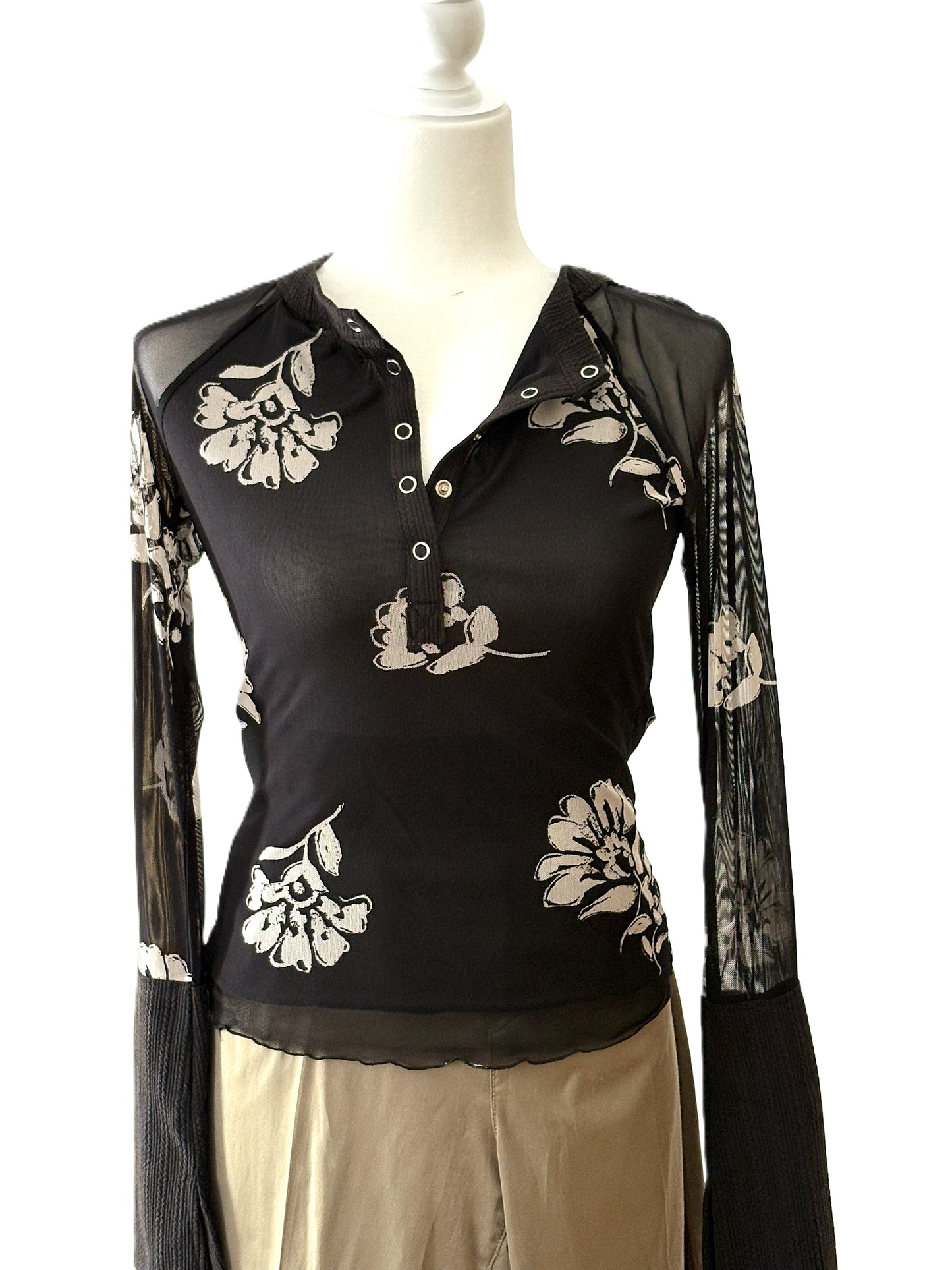 Tops: Floral-Print Mesh Raglan-Sleeve Henley Top (Black)