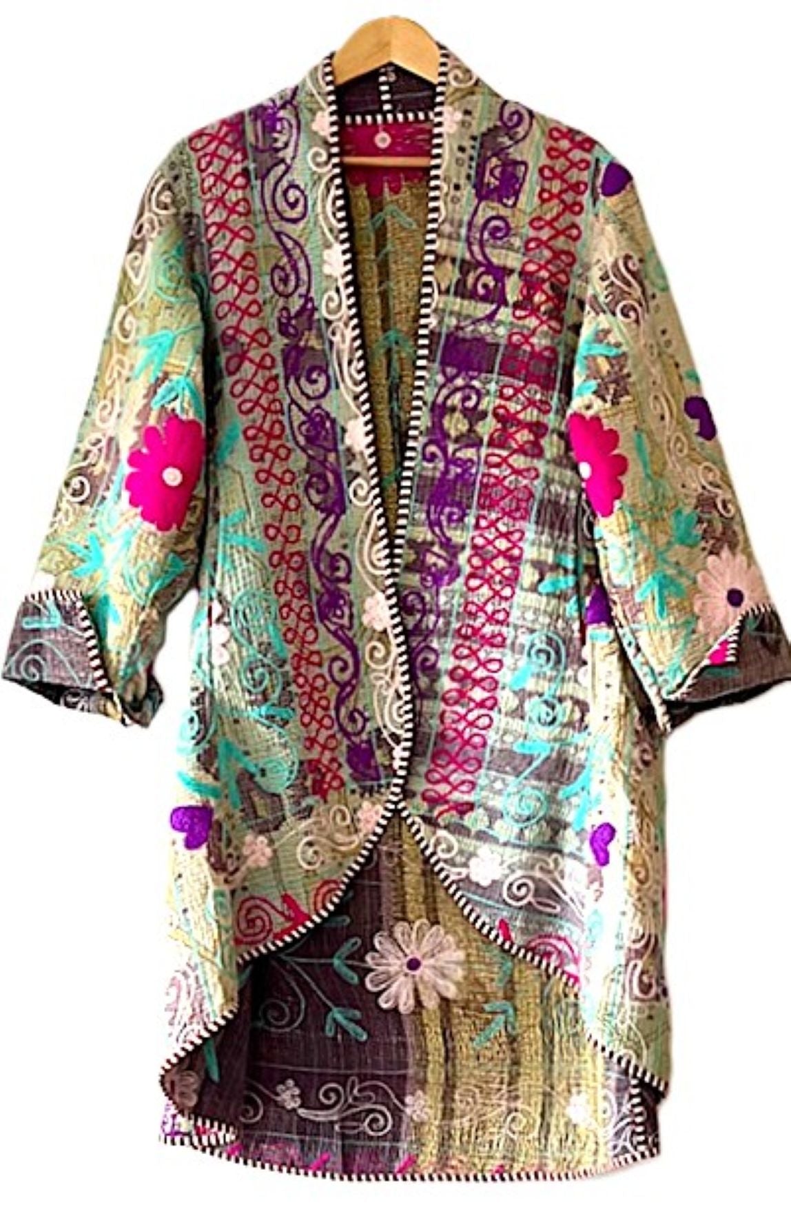 Jacket - New Embroidered Tulip Cut Designer Waist Coat With Kantha Stitching