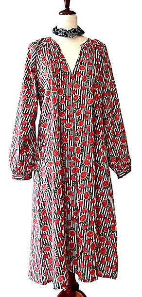 Dresses: Hand Block Printed Blue Stripe Watermelon Cotton Dress