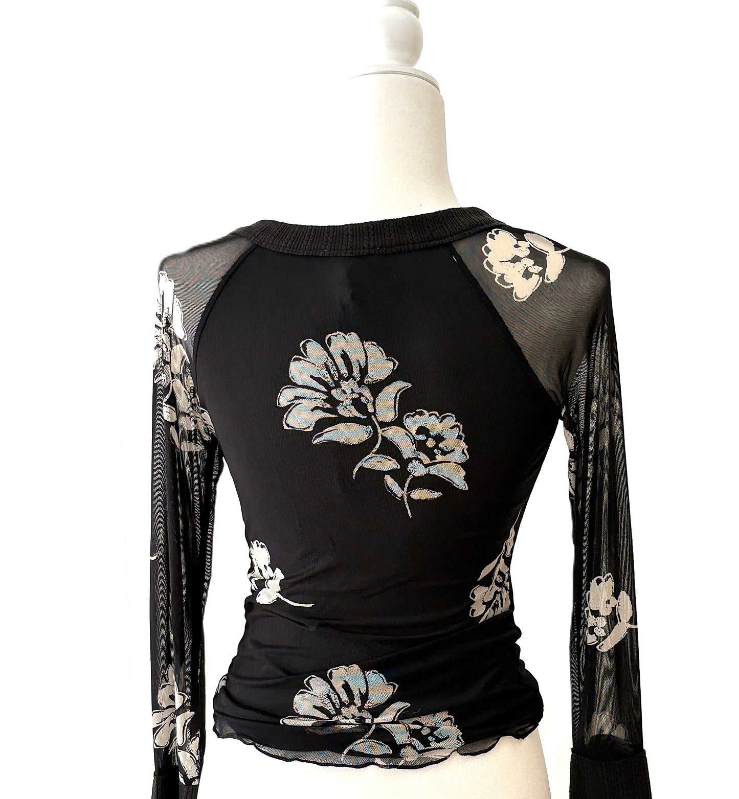 Tops: Floral-Print Mesh Raglan-Sleeve Henley Top (Black)