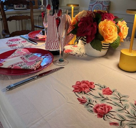 Floral Cotton Tablecloth and Napkins, Bright Pink Petals