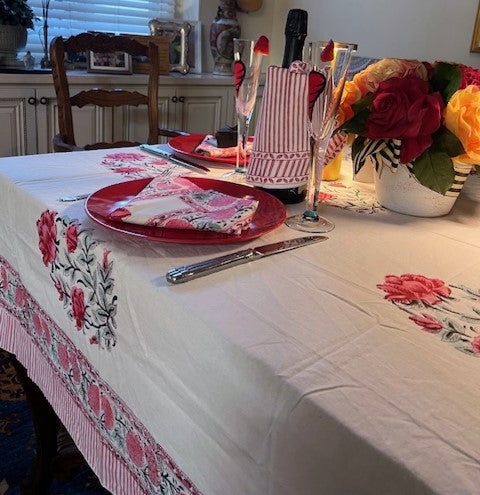 Floral Cotton Tablecloth and Napkins, Bright Pink Petals