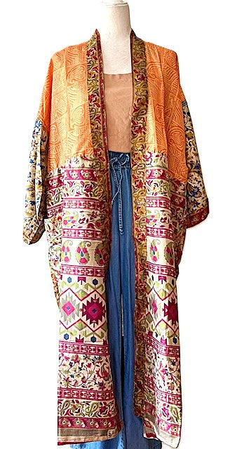 Silk Kimono Duster In a Water Color Print (Bronze Orange)