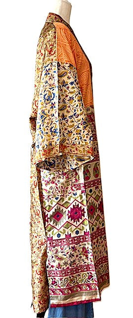 Silk Kimono Duster In a Water Color Print (Bronze Orange)