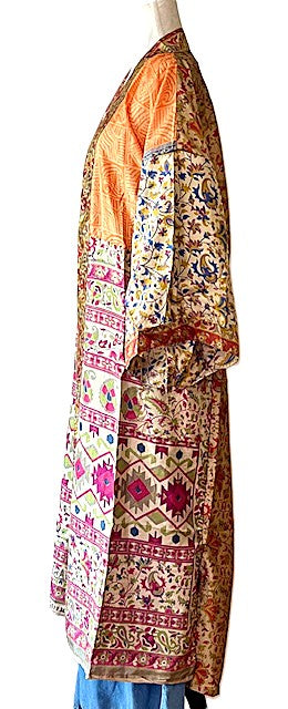 Silk Kimono Duster In a Water Color Print (Bronze Orange)