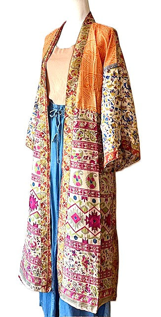 Silk Kimono Duster In a Water Color Print (Bronze Orange)