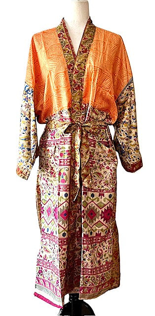 Silk Kimono Duster In a Water Color Print (Bronze Orange)
