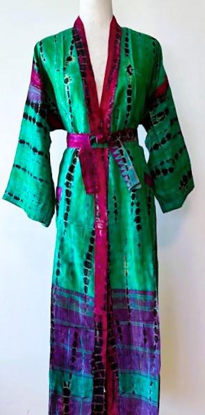 Luxurious Abstract Silk Kimono Duster: Color Block Emerald and Purple