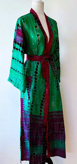 Luxurious Abstract Silk Kimono Duster: Color Block Emerald and Purple