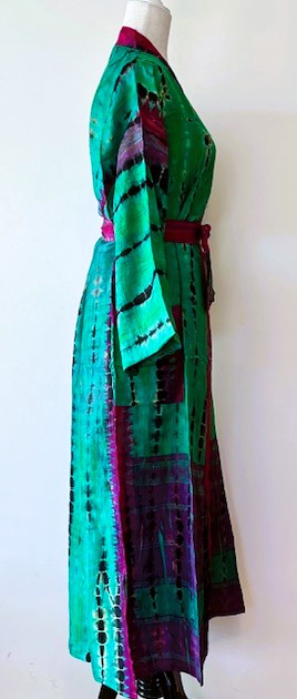 Luxurious Abstract Silk Kimono Duster: Color Block Emerald and Purple