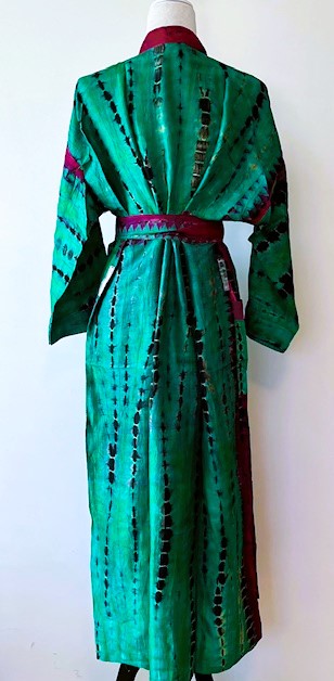 Luxurious Abstract Silk Kimono Duster: Color Block Emerald and Purple