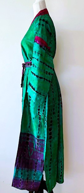 Luxurious Abstract Silk Kimono Duster: Color Block Emerald and Purple