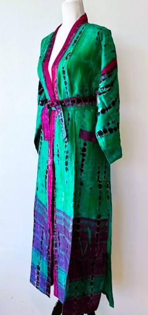 Luxurious Abstract Silk Kimono Duster: Color Block Emerald and Purple