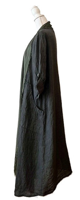 Long Italian Linen and Silk Duster Jacket With Frayed Edges, Charcoal