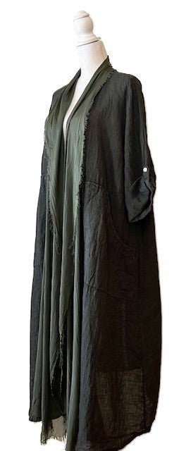 Long Italian Linen and Silk Duster Jacket With Frayed Edges, Charcoal