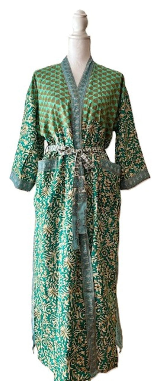 Long Silk Kimono Duster Is Feminine and Sweet. (Green Florals)