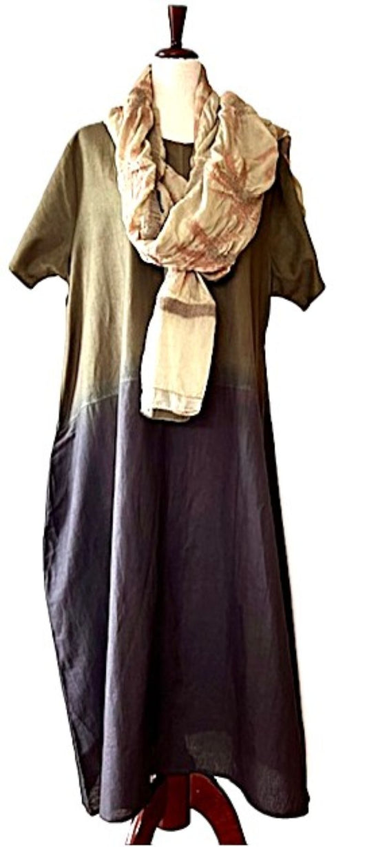 Dresses: Dip Dye Ombré Linen Dress with Pockets (Olive)