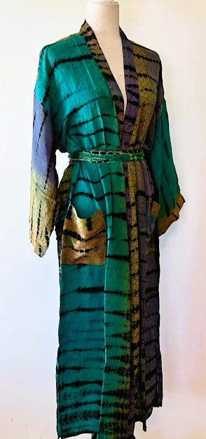 Luxurious Abstract Silk Kimono Duster: Color Block Aqua, Blue, Copper