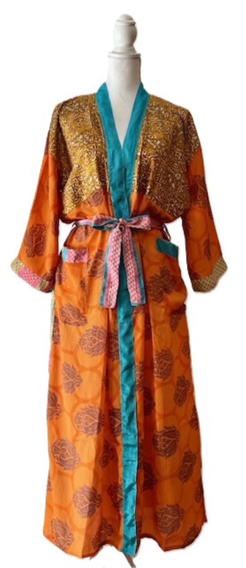 Luxury Silk Mixed Print Kimono Duster, (Boho Orange)