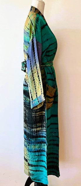 Luxurious Abstract Silk Kimono Duster: Color Block Aqua, Blue, Copper