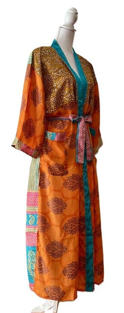 Luxury Silk Mixed Print Kimono Duster, (Boho Orange)