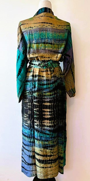 Luxurious Abstract Silk Kimono Duster: Color Block Aqua, Blue, Copper