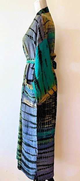 Luxurious Abstract Silk Kimono Duster: Color Block Aqua, Blue, Copper