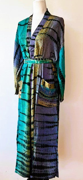 Luxurious Abstract Silk Kimono Duster: Color Block Aqua, Blue, Copper