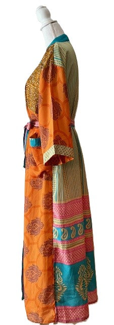 Luxury Silk Mixed Print Kimono Duster, (Boho Orange)