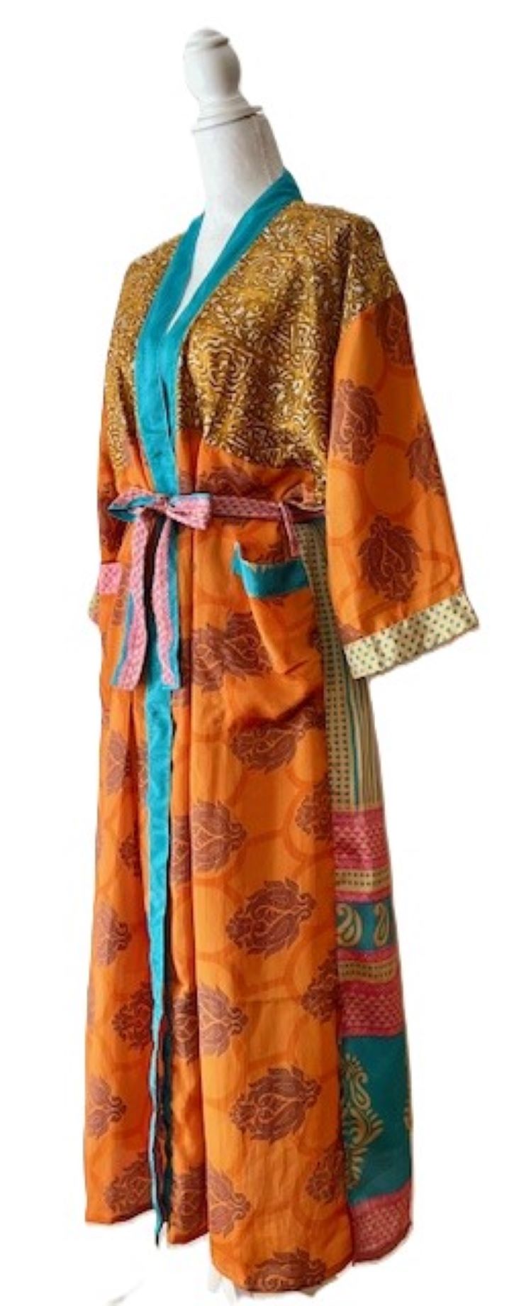 Luxury Silk Mixed Print Kimono Duster, (Boho Orange)