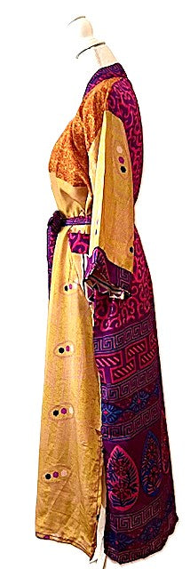 Luxurious Mixed Print Silk Kimono Duster. (Mustard)