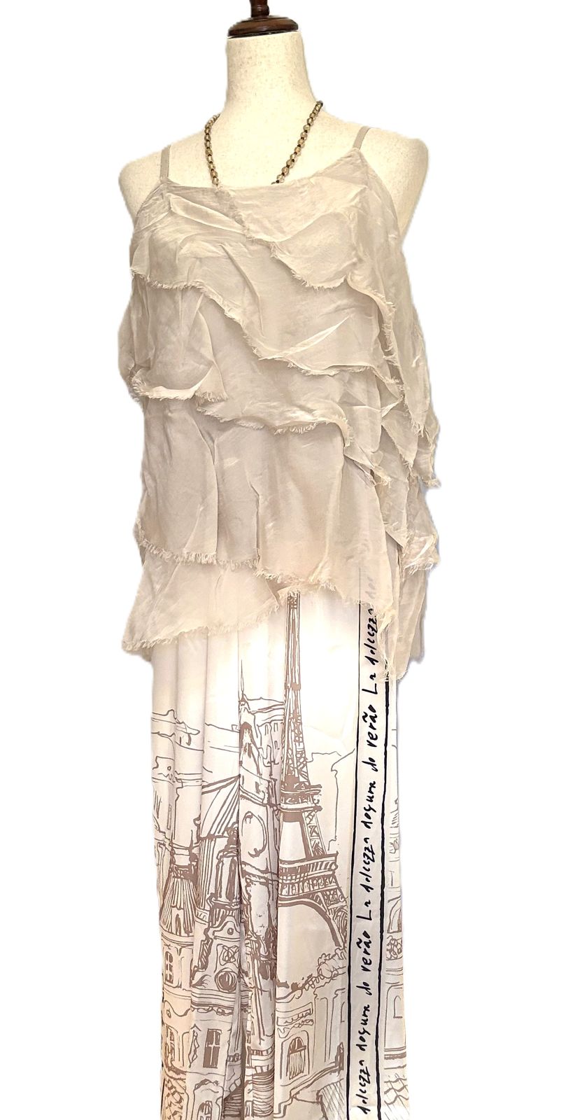 Pants, Paris City Print Is Smart and Sophisticated Trimmed With French Sayings (Ivory)