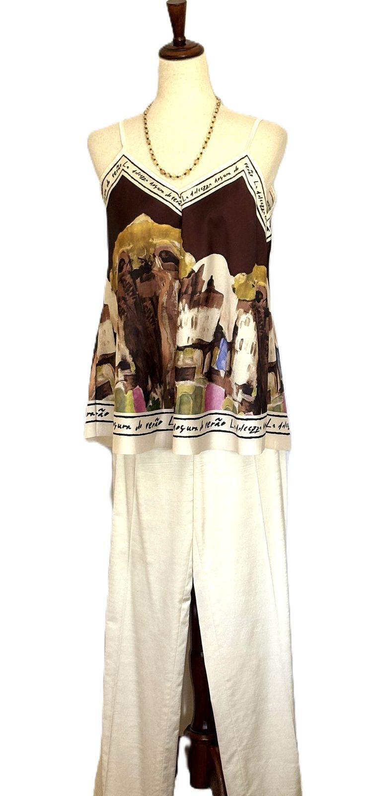Tops,  Silky Scarf Mediterranean Print  Camisole. (Brown)
