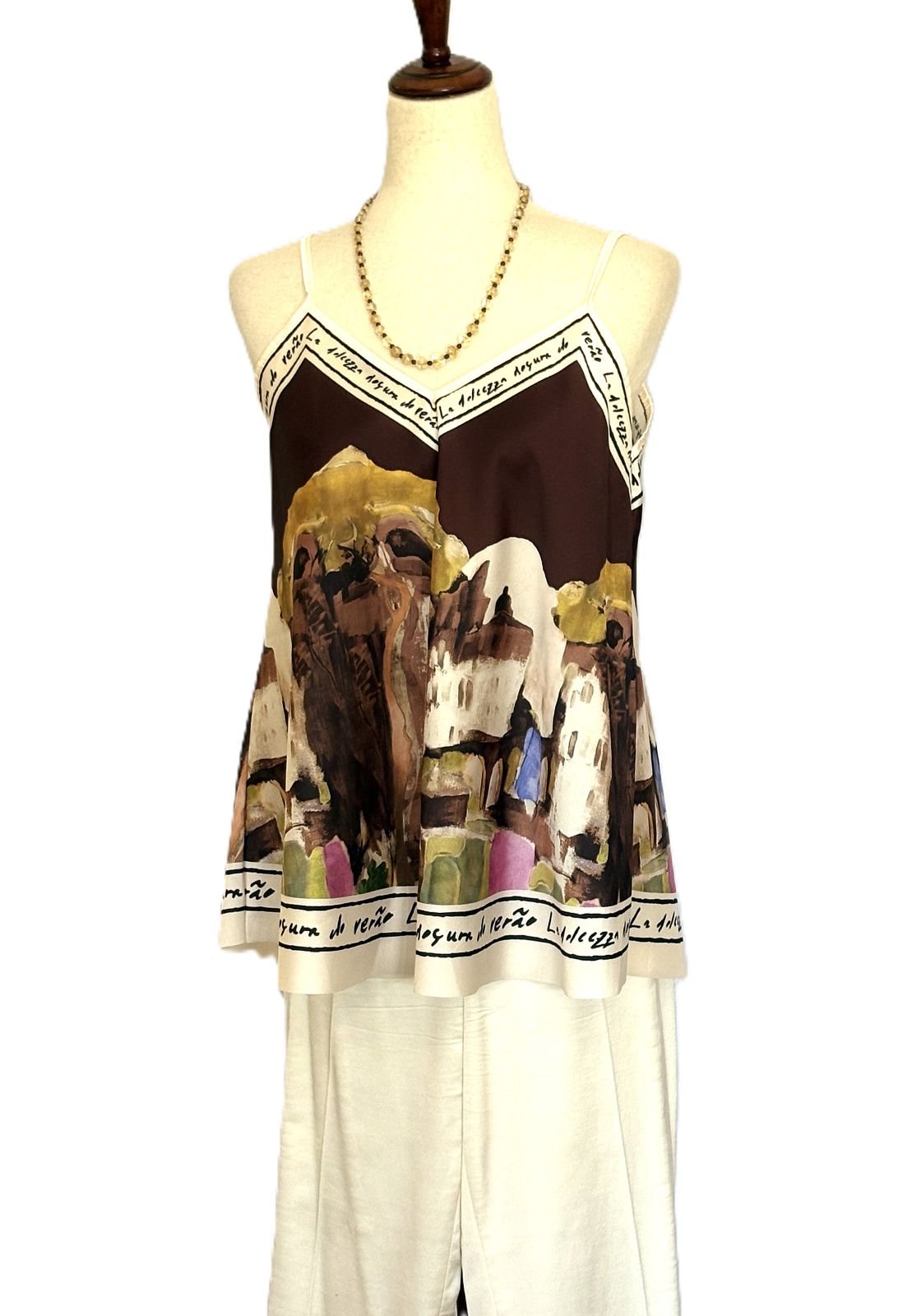 Tops,  Silky Scarf Mediterranean Print  Camisole. (Brown)